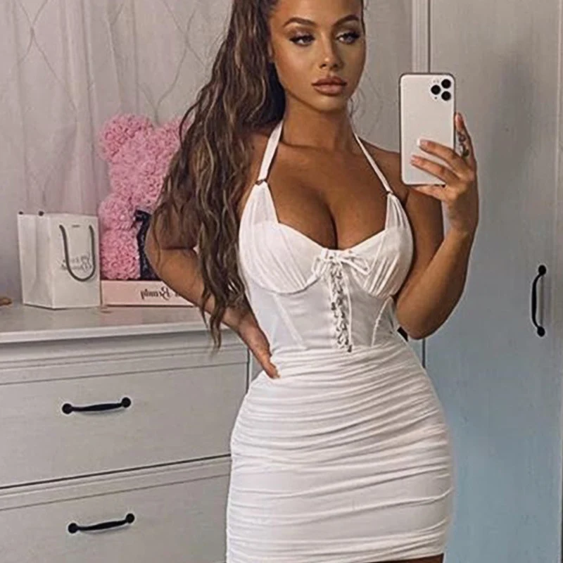 

High-Quality Halter Mesh White Women Dress Lace Up Sleeveless Summer Sexy Ropa Mujer Elastic Patch Work Party Bodycon