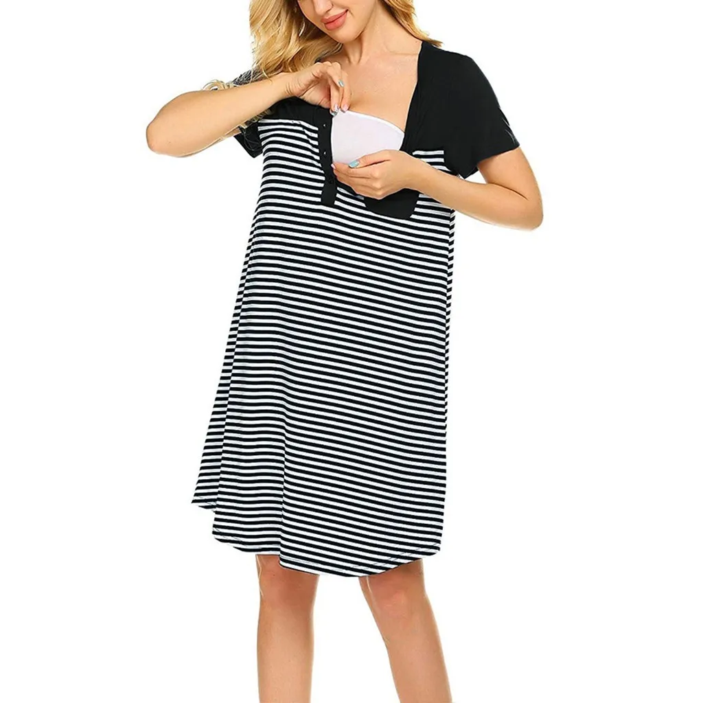 

Women Maternity Dresses Striped Short Sleeve Clothes Pocket Nursing Pregnancy Dress Breastfeeding Cotton Pregnant Women Dress