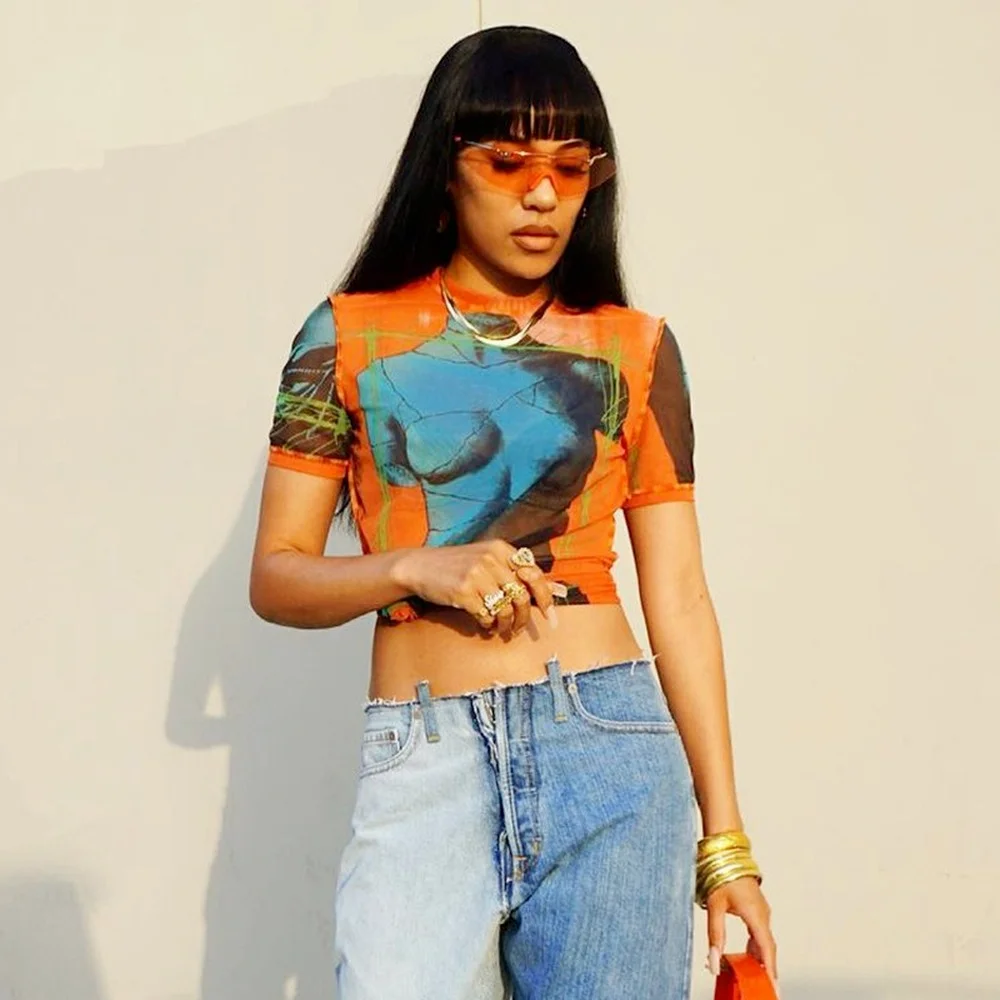 

Patchwork Print Y2K Short Sleeve Woman Tshirts Statue Pattern Vintage Graphic T Shirts Women O Neck Casual Cropped Tees