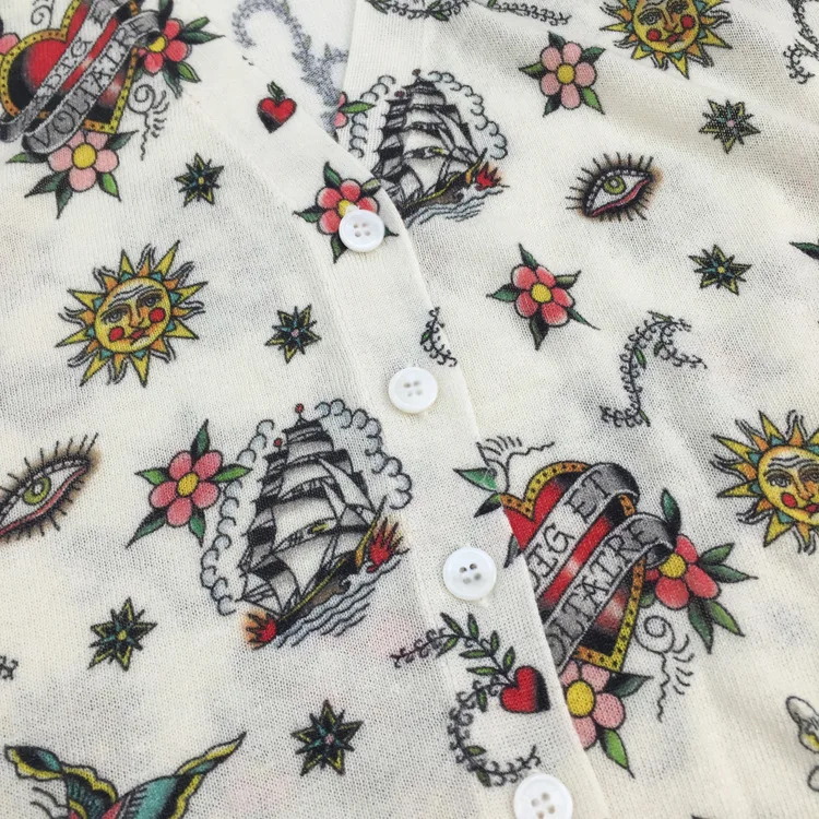 

2020 New Knitted Sweater Women V-neck Single-breasted 100% Linen Hollow Out Loose Casual Floral Print Cardigan Top