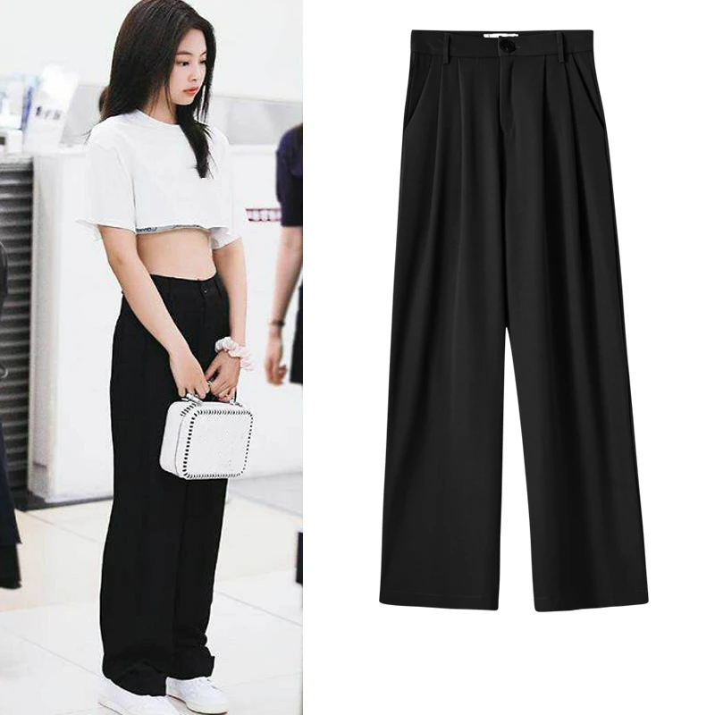 kpop Korean Celebrity summer new black loose casual High-waisted straight pants women High street Harajuku loose Solid trousers
