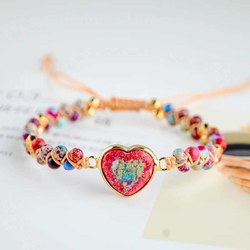 

Love Natural Stone Heart Charm Bracelets String Braided Macrame Bracelets Jaspers Friendship Wrap Bracelet Femme Women Jewelry