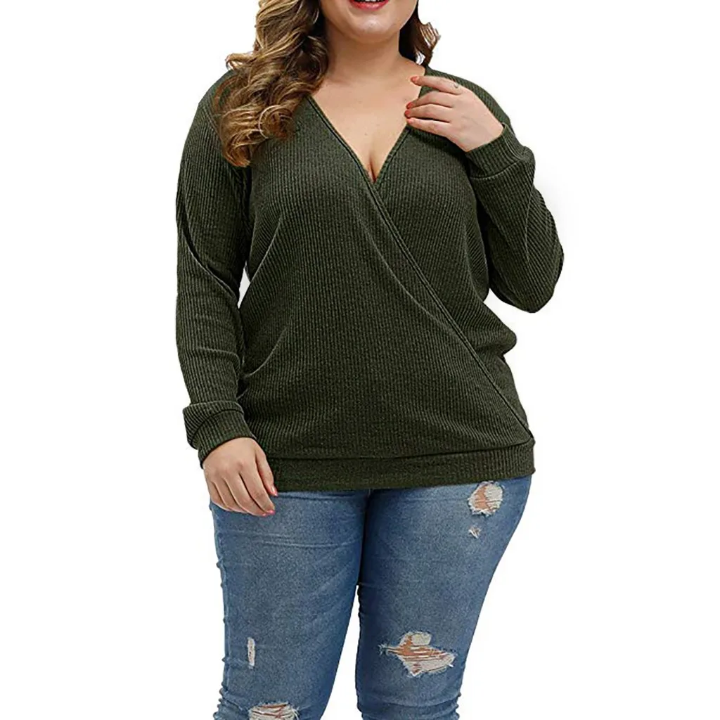 Женские топы и блузки большого размера с v-образным вырезом длинным рукавом