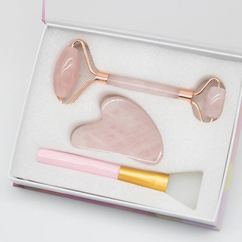 

Roller Jade Facial Massager Rose Quartz Roller Powder Crystal Roller Scraper Mask Brush Three-piece Beauty Face-lifting Tool