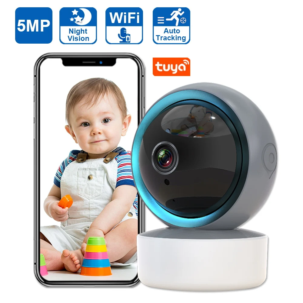 Tuya-cámara IP de 5MP con Wifi, videocámara de vigilancia Ultra HD, visión nocturna, Audio bidireccional, nube, PTZ, Monitor de bebé