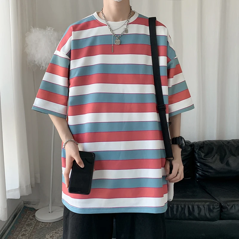 

2021 fashion men's summer breathable t-shirt men's warm striped Short Sleeve T-Shirt New Short Sleeve round neck top men's and w