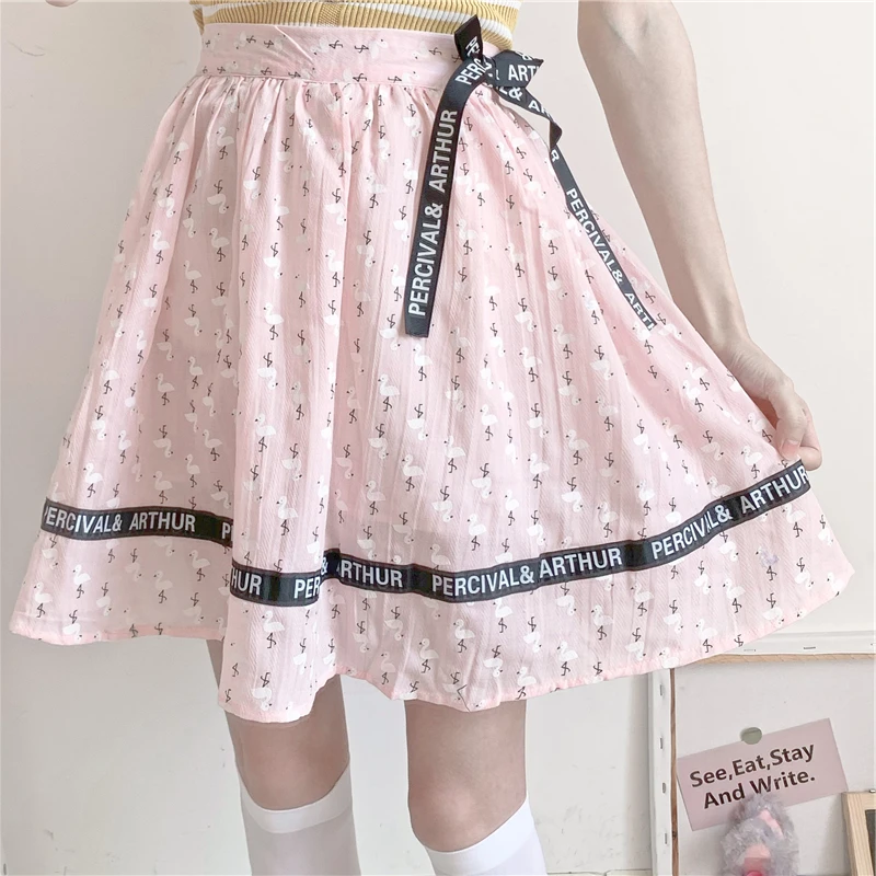 

Pink Polka Dot Print Letter Patchwork High Waist Casual Women Mini A-line Skirts 2021 Summer Preppy Style Ladies Bottom