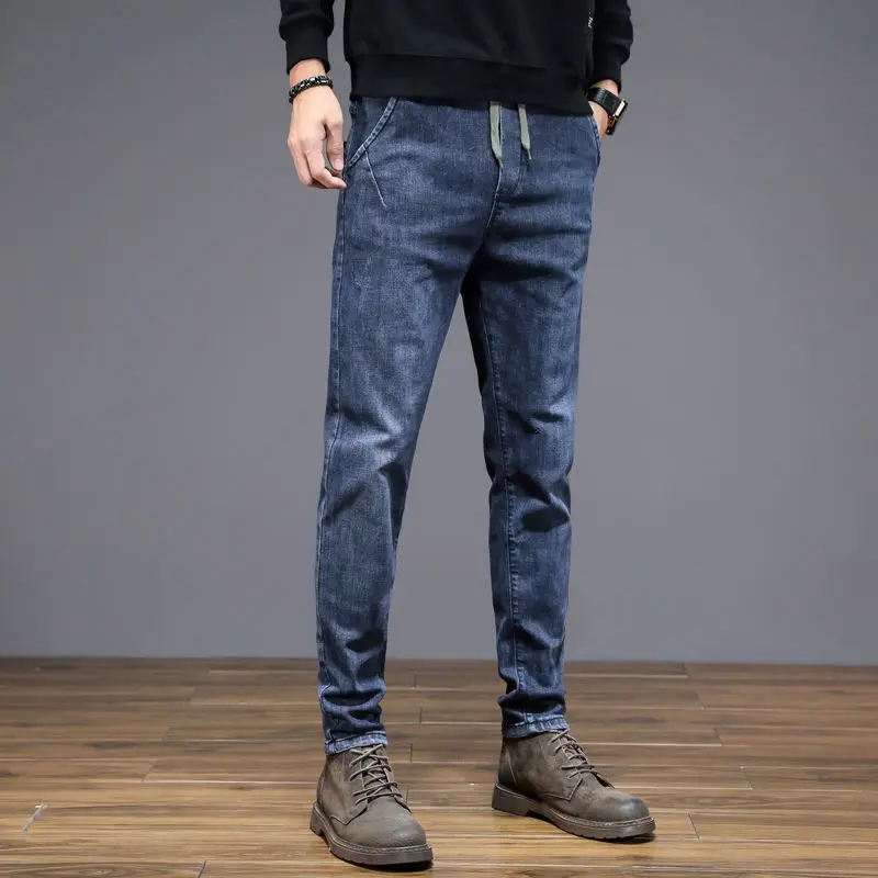 Autumn Jeans Men's Slim Feet Tide Brand Spring and Autumn Elastic Korean Trend Elastic Waist Pants  Mens Jeans  Patchwork Jeans