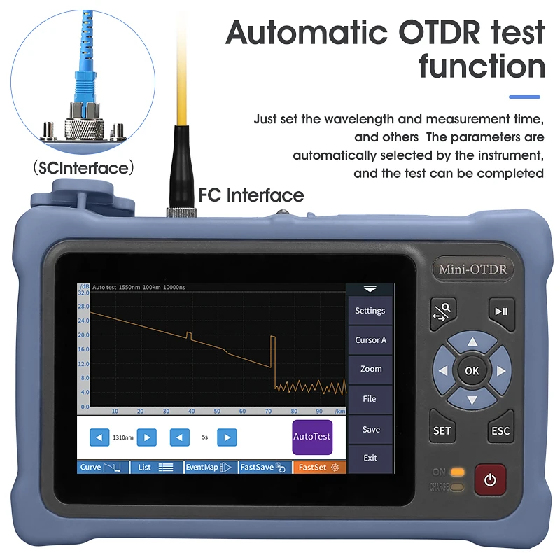 Multifunction 100KM Mini OTDR 1310/1550nm 26/24dB Optical Time Domain Reflectometer  VFL OLS OPM Event Map Ethernet Cable Tester
