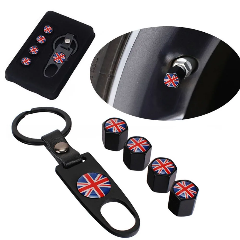 

Metal Tire Valve Stem Cap British Flag Union Jack 4pcs Valve Cover+1pc Wrench Keychain Valve Dust Stems Air Cover