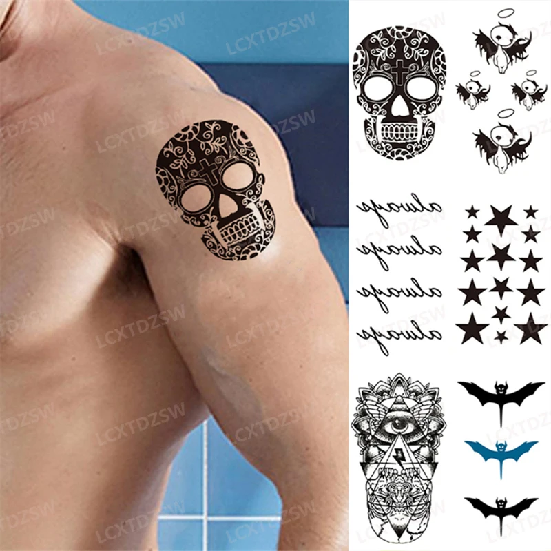 

Bat Text Letter Temporary Tattoos For Women Men Art Fake Tattoo Stickers Arm Black Words Flash Makeup Flame Body Transfer Tattos