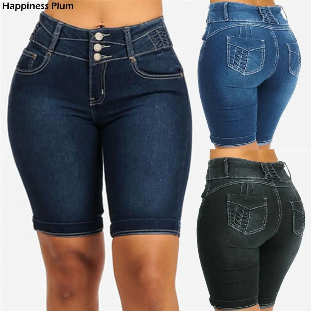 

Plus Size Denim Shorts Women Summer Elastic Slims Fit Bodycon Knee Length Shorts Skinny Denim Shorts for Women short feminino