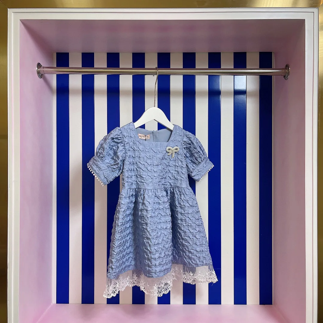 

2021 summer hot new product girls square neck bow decoration dress puff sleeve temperament with clothes