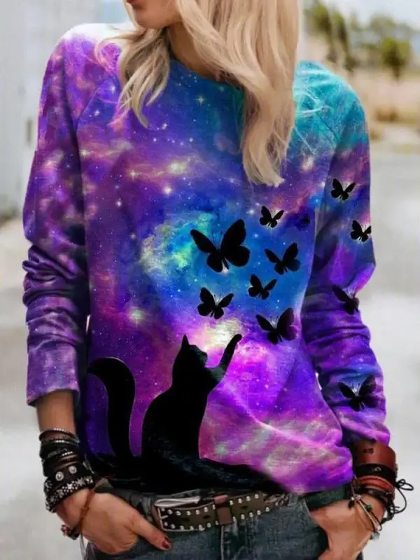 

T-shirt 3D star cat butterfly print casual long sleeve women's T-shirt