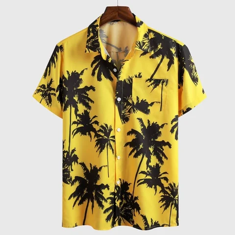 Мужская гавайская рубашка с коротким рукавом, повседневная желтая пляжная рубашка с принтом, однобортная Свободная рубашка с отложным воротником