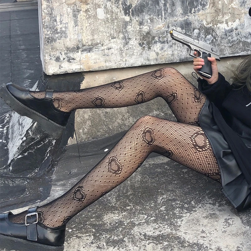 Женские черные жаккардовые ажурные колготки в горошек готические панковские