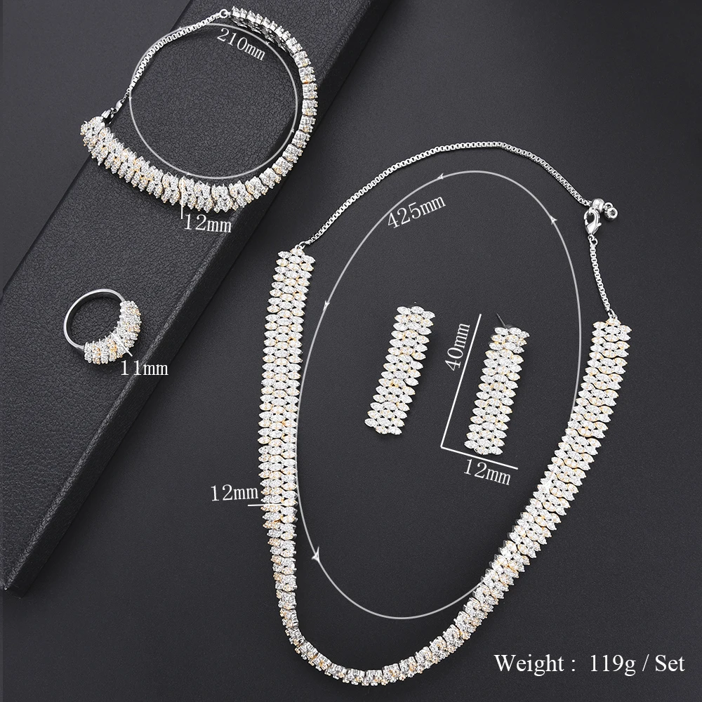

KellyBola Trendy Jewelry Deluxe Cubic Zirconia Geometric Fashion Jewelry Dubai Necklace Earrings Bracelet Ring Set for women