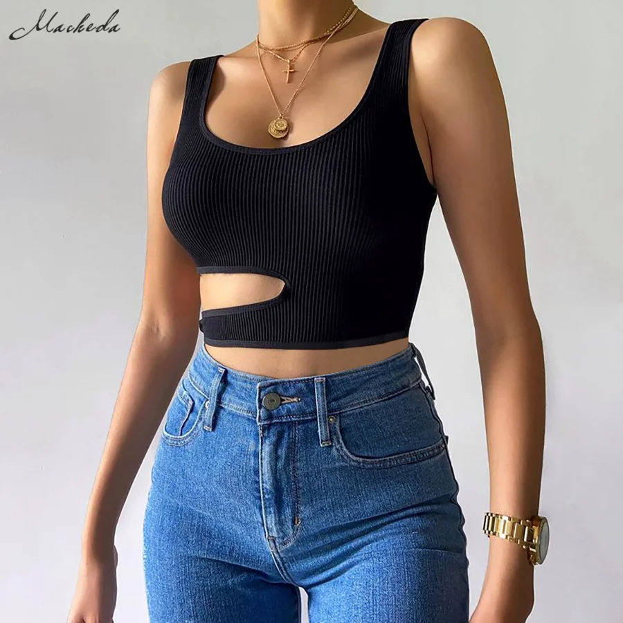 

Macheda Solid Sexy Hollow Out Knitting Tank Top Women Sleeveless Slim clothing Y2K Lady Fashion Street Cropped Top 2021 New