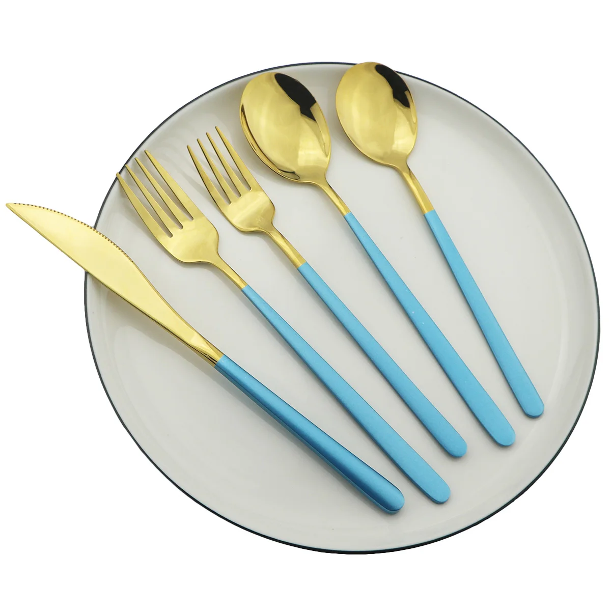 5Pcs/Set Knife Fork Spoon Dinnerware Set 18/10 Stainless Steel Cutlery Blue Gold Silverware Kitchen Dinner Tableware | Дом и сад