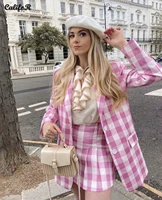 plaid single breasted suit with skirt casual womens dress sets high waisted two piece set female skirt pink suit dress for girl