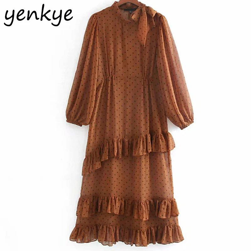 Женское многослойное винтажное платье в горошек с рюшами Женский Галстук