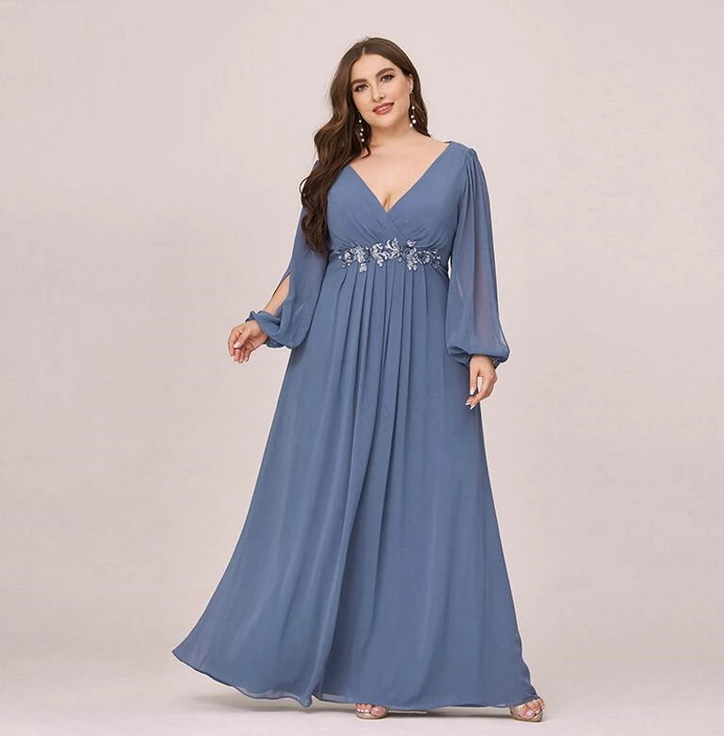

Plus Size Dusty Blue Women Dress Deep V-Neck Long Sleeve Appliques Ruched Long Party Dress Maxi Chiffon Dress Robe De Soiree