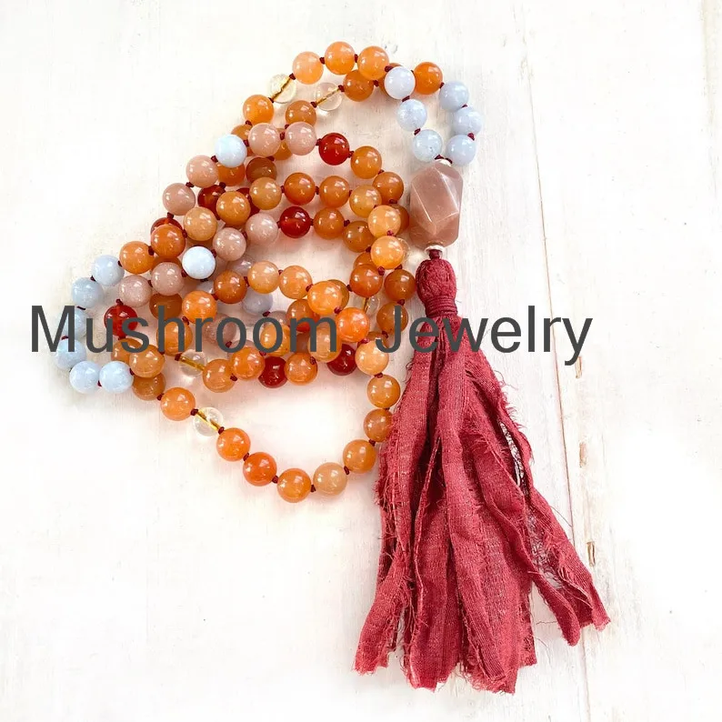 108 Agate Bead Sari Silk mala tassel yoga bead women necklace jewelry