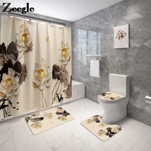 4pcs floral bathroom carpet bath curtain set toilet rugs and shower curtain toilet seat cover floor mat bathroom mat shower mat free global shipping