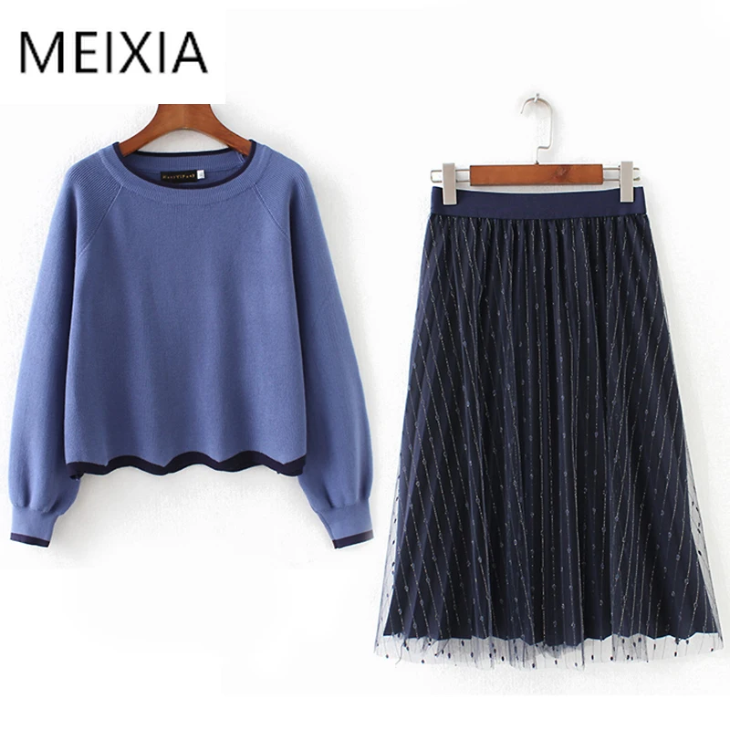 

MEIXIA Autumn Winter Women Casual two piece Set Navy Knitting Tops + Skirts Mesh Elastic Waist Office Lady Suit Set 2 Piece Set