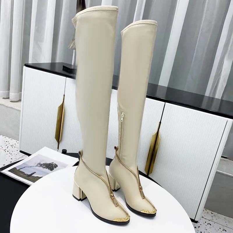 

2021 Winter Top Quality Design Women Shoes Genuine Leather Metal Zipper Decoration Chunk Heel Over The Knee Boot