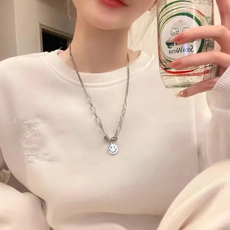 

LOVOACC Cute Silver Color Metallic Smile Pendant Necklace for Women Hollow Linked Circle Chains Necklaces Minimalist Jewelry