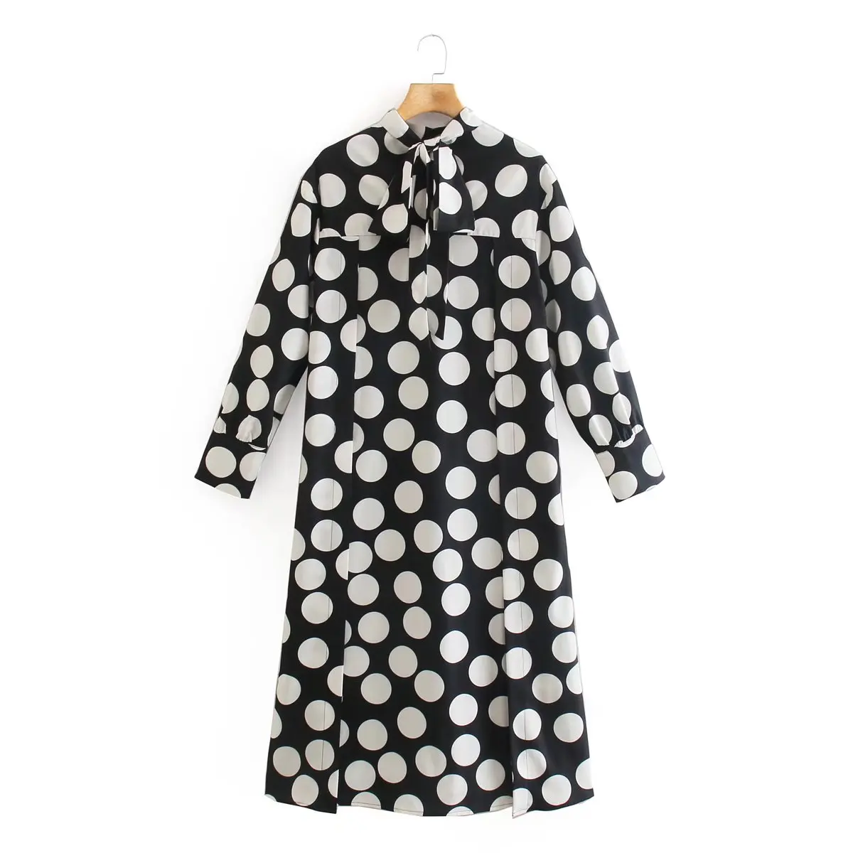 

2022 Fashion Women Dots Print Shirt Dress With Bow Neck Vintage Long Sleeve Office Ladies Midi Dress