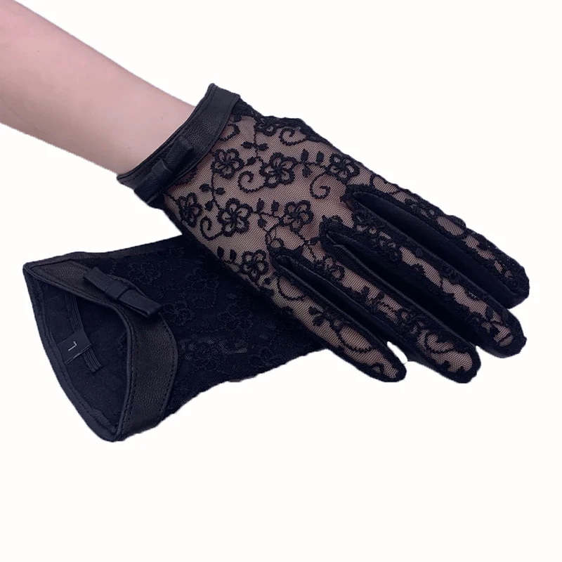 Перчатки женские из натуральной овечьей кожи солнцезащитные кружевные митенки с