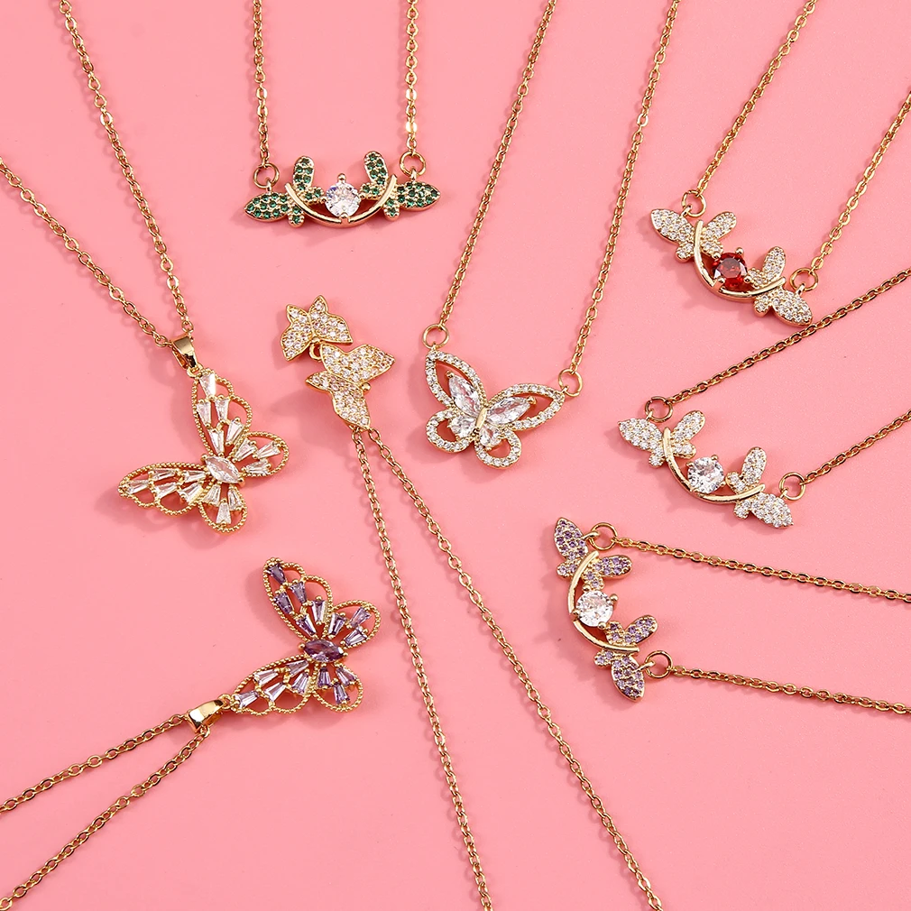 

2021 New Crystal Zircon Necklace Butterfly Jewelry for Women Gold Color Sweater Chain Accessories Pendant Necklace Statement
