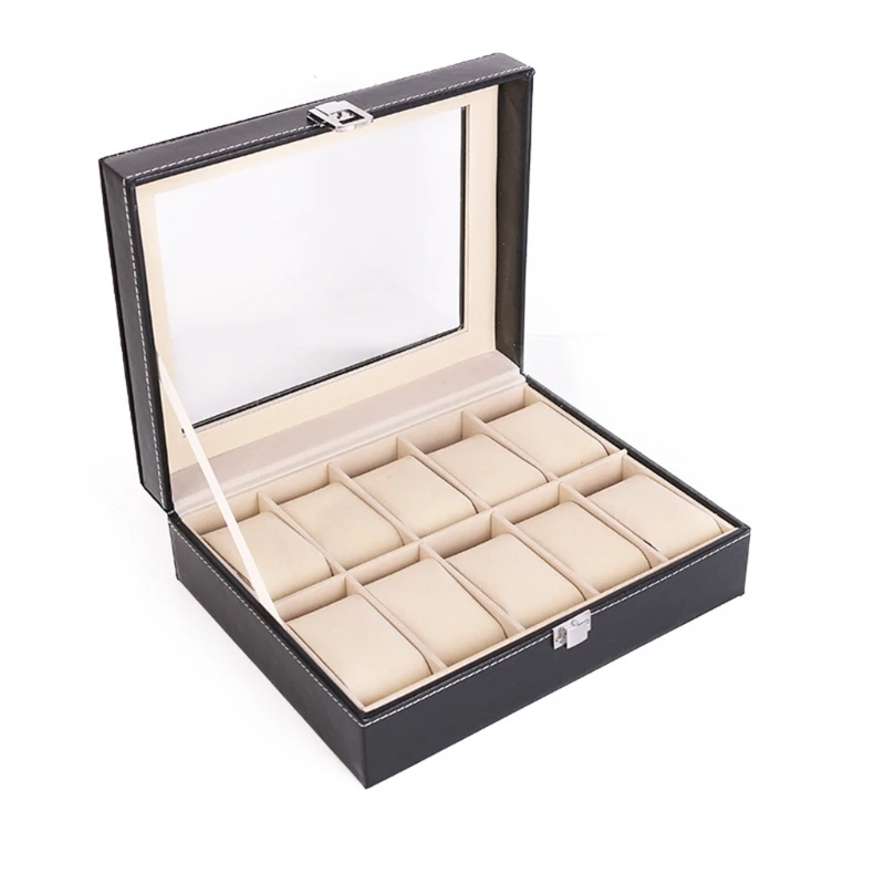 

10 Grids Watch Box PU Leather Watches Display Case Jewelry Holder Storage Organizer with Lock for Women Men Gifts