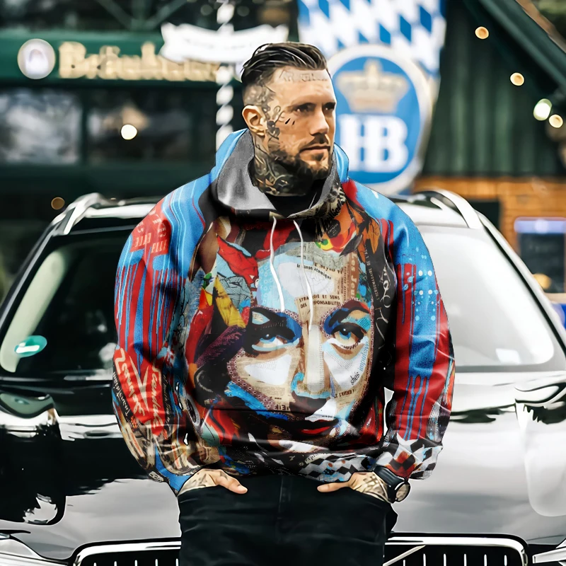 

Men's New High Street Graffiti Character Print Hoodie New Men's Hip Hop Hooded Sweatshirt Street Personality Youth Men's Top