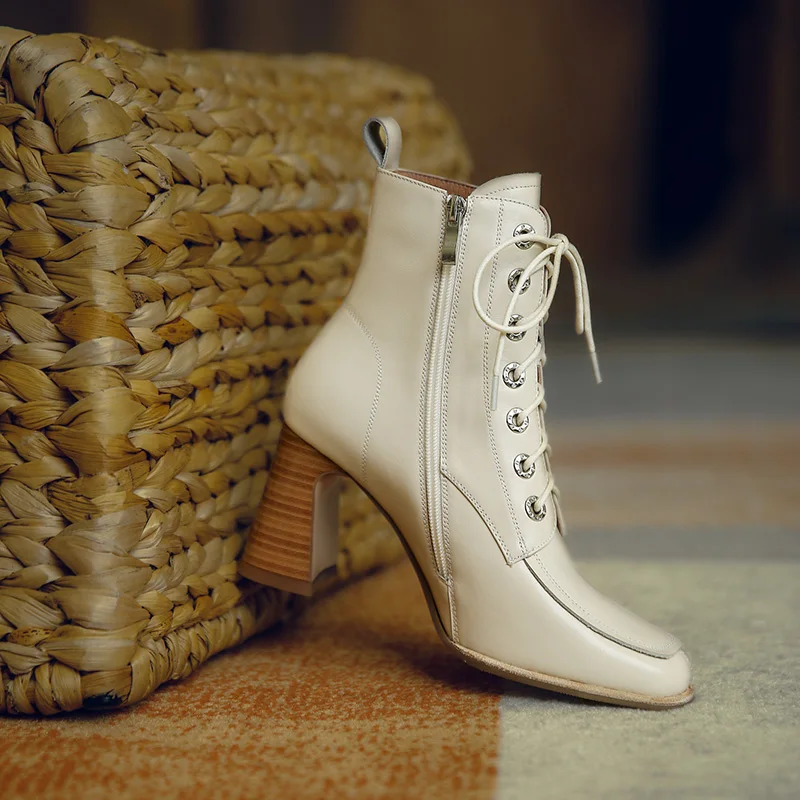 

LIBIELIY Genuine Cow Leather Lady boots women's pointed toe mid-heel Nice autumn and winter new retro short boots women
