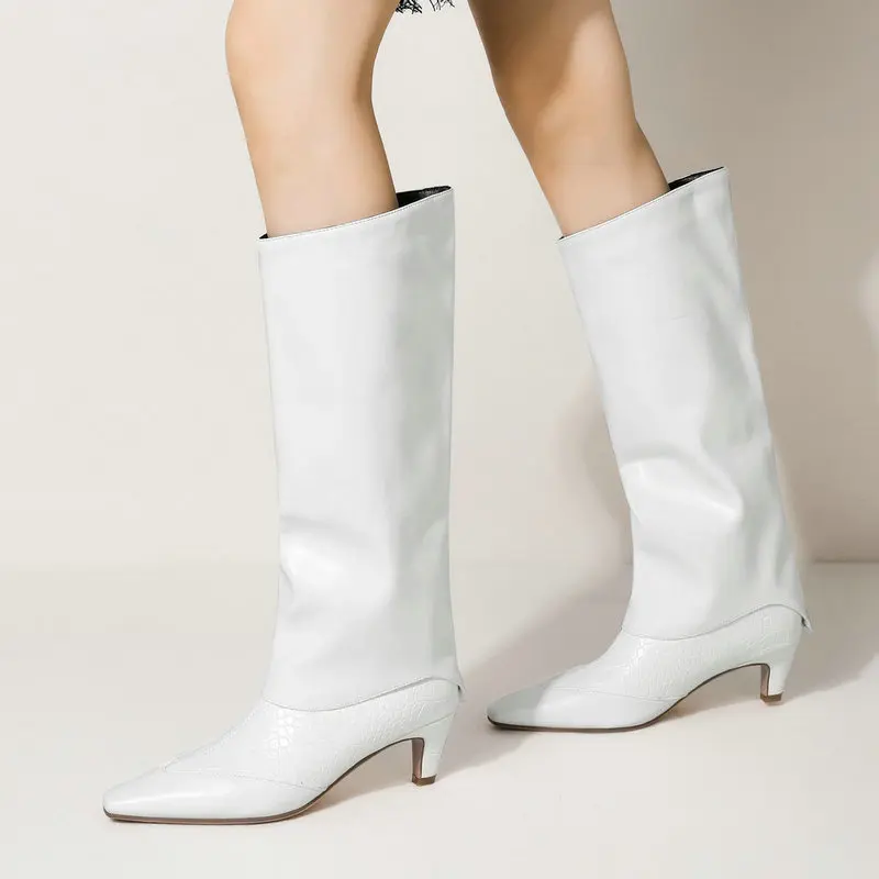 

Brand designer Faux Leather Knee Boots Women Fashion Square Toe Bomb Boots Ladies Autumn Winter New Set Foot High Boots White