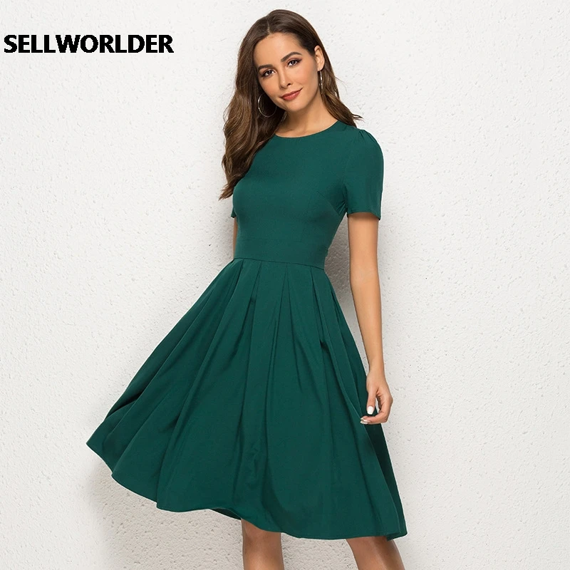 

Women Elegant Pleated Green Midi Vestidos Women Casual Dresses Vintage Solid Color Autumn Dress