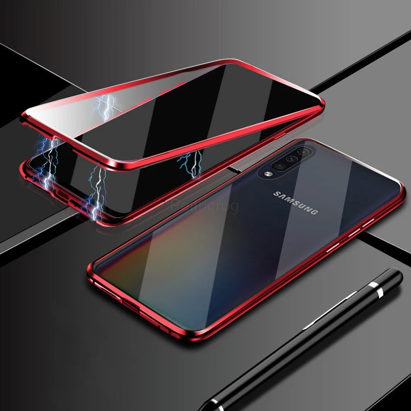 Red Магнитный металлический чехол для samsung Galaxy A7 A8 A9 A10 A50 A60 A70 A20 A30 A40 M10 M20 M30 M40 A80 Двусторонняя стеклянная крышка - Цвет: Red