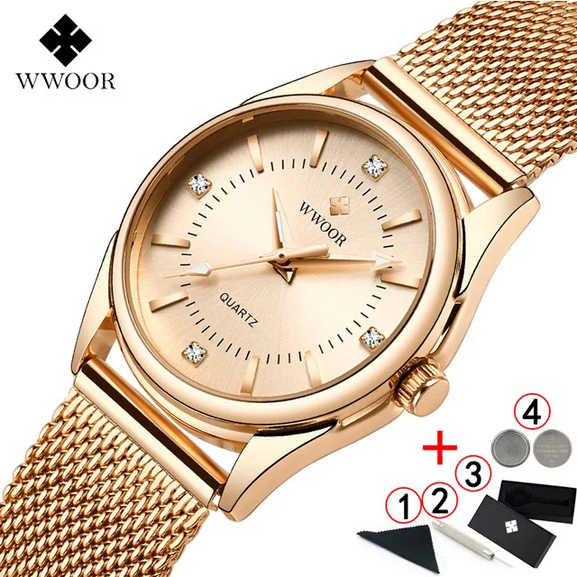 rose-gold-with-box WWOOR Для женщин часы Элитный бренд платье с бриллиантами золотые наручные часы Нержавеющая сталь женские часы золотые кварцевые часы Для женщин - Цвет: rose-gold-with-box
