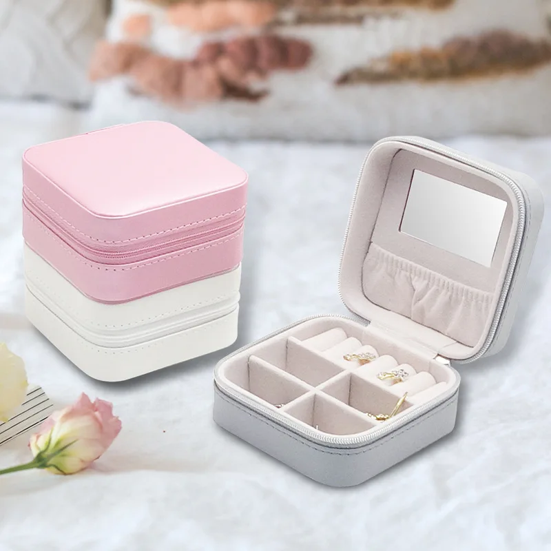 

Portable Jewelry Box Jewelry Holder Leather Jewelry Case Travel Storage Necklace Earrings Lipstick Makeup Box Mirror Gift
