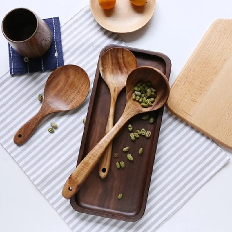 

7pcs Natural wood cutlery set Turner long rice colander soup skimmer cooking spoon scoop kitchen tool set