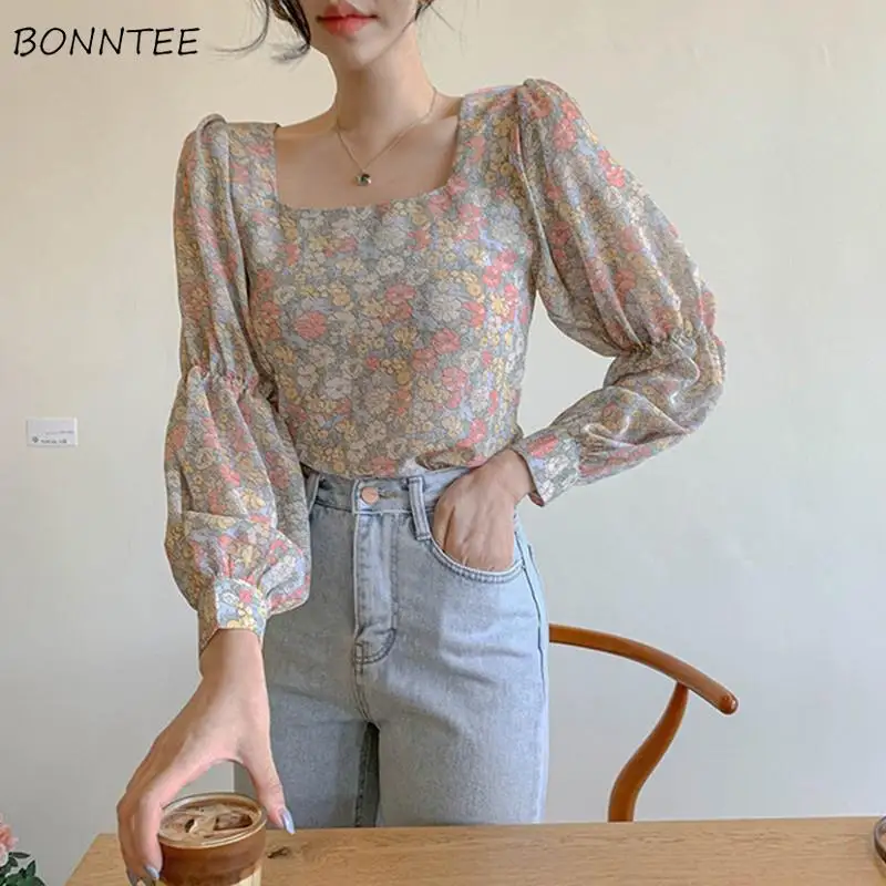 Blouses Women Square Collar Elegant Long Sleeve Chiffon Tender Floral Stylish Korean Style Feminino Shirts Fashionable Popular