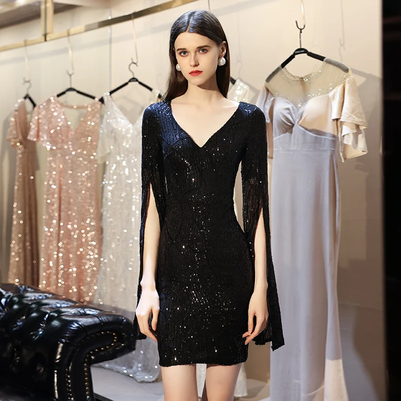 

AE879 Sequin Short Prom Dresses Women Formal Party Night Evening Dress Sexy Mermaid V-Neck Long Sleeves Vestido De Gala