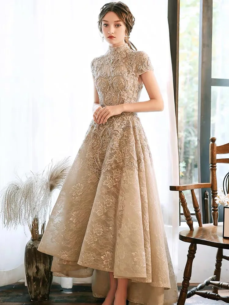 

New Vintage High Neck Mother Of The Bride Dresses Lace Sequins Short Front Long Back Appliques Beaded Wedding Evening Prom Gowns