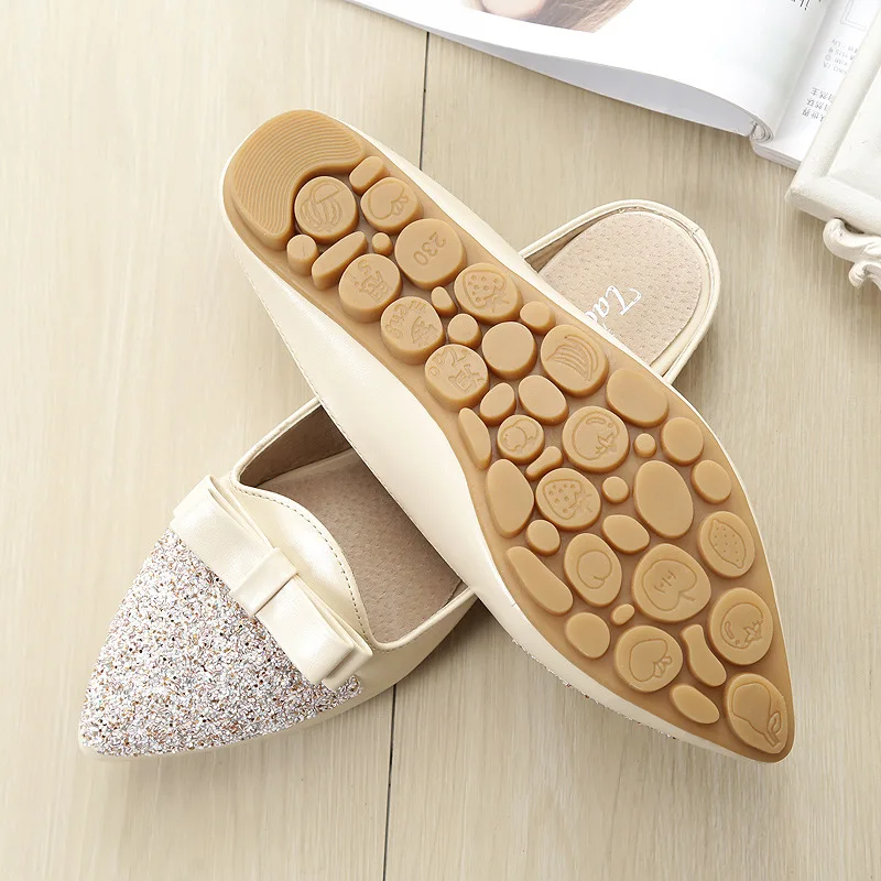 Шлепанцы женские с блестками и бантом уличные сандалии элегантный стиль удобные