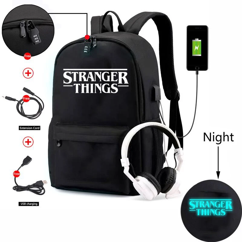 

Canvas Mochila stranger things Backpack USB Waterproof Anti-theft Laptop Luminous Backpack for Boys Girls School bag MenWomenbag