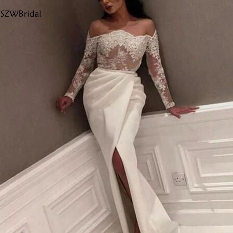 

New Arrival Satin Mermaid evening dresses Long sleeve Formal dress Party Lace Appliques Evening gown Robe de soiree robe longue