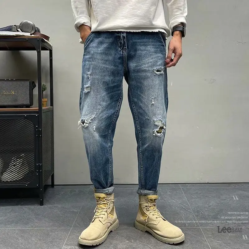 

Streetwear Men Ripped Denim Pencil Pants Fashion Grid Straight Stretch Male Casual Trouasers Hip Hop Retro Hole Men Jeans